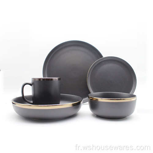Ensemble de vaisselle de pierre de pierre noire luxueuse avec bord d&#39;or